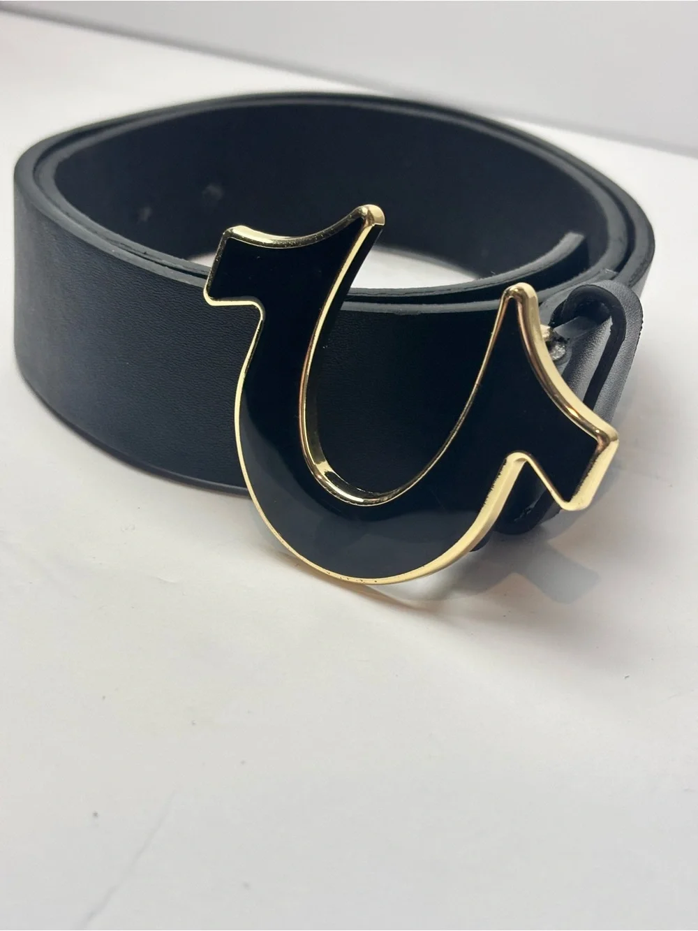 True Religion Black Leather Belt with Gold-Trim Signature Buckle